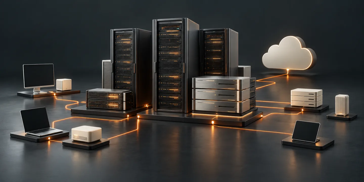 Minh họa kết nối máy chủ, lưu trữ và nền tảng cloud