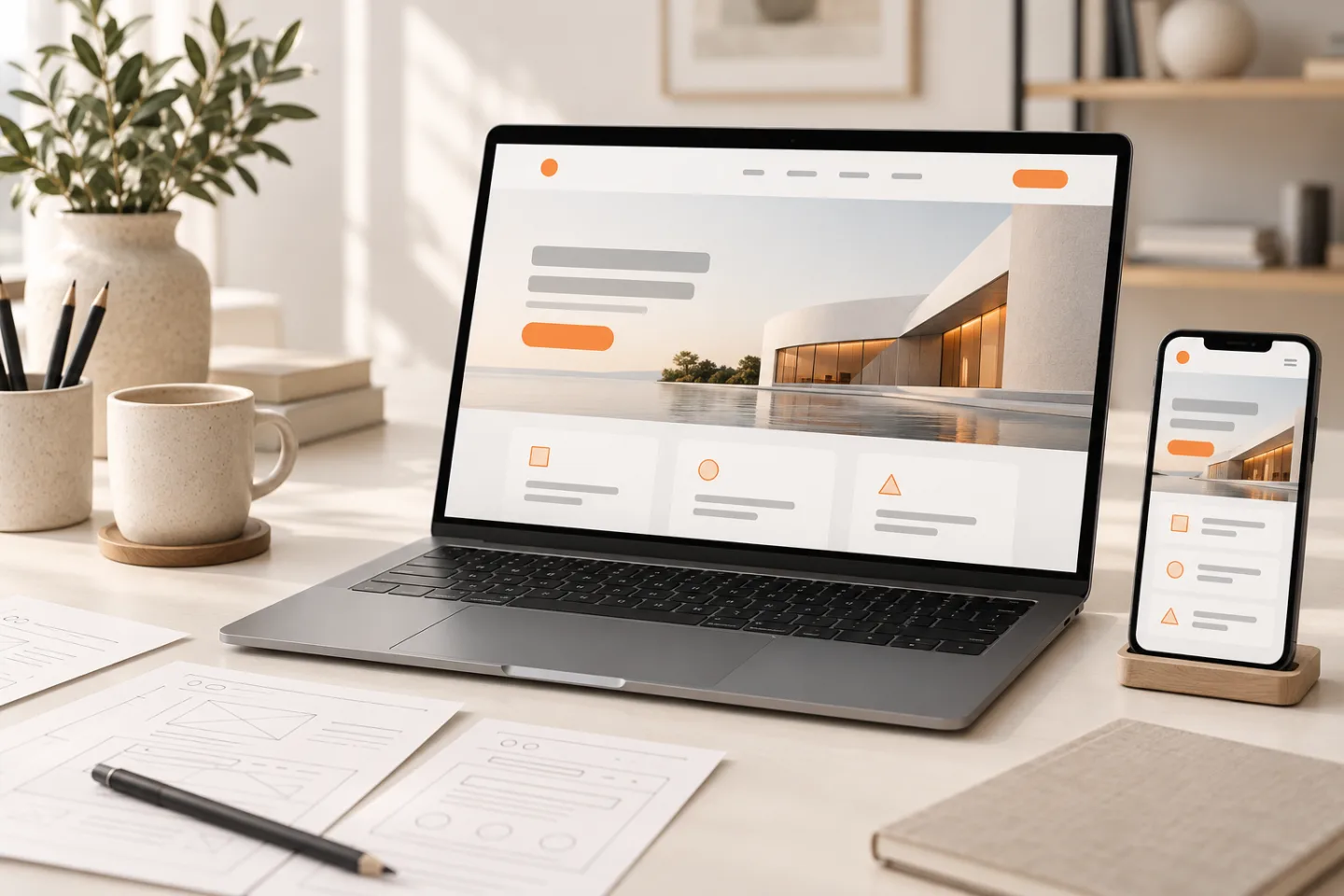 Minh họa thiết kế website trên máy tính và điện thoại